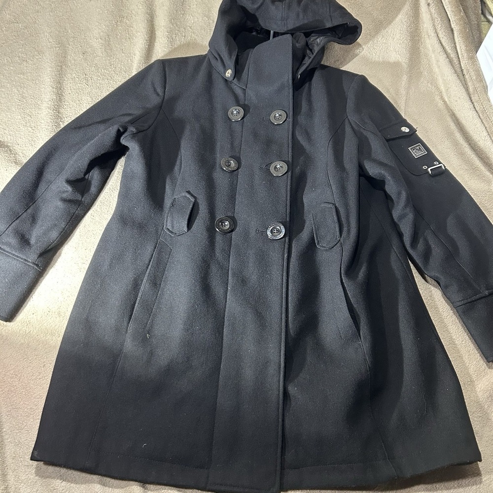 ZeroXposur Black Wool Double Breasted Hooded Peacoat Belted Jacket Womens XL - Picture 8 of 11
